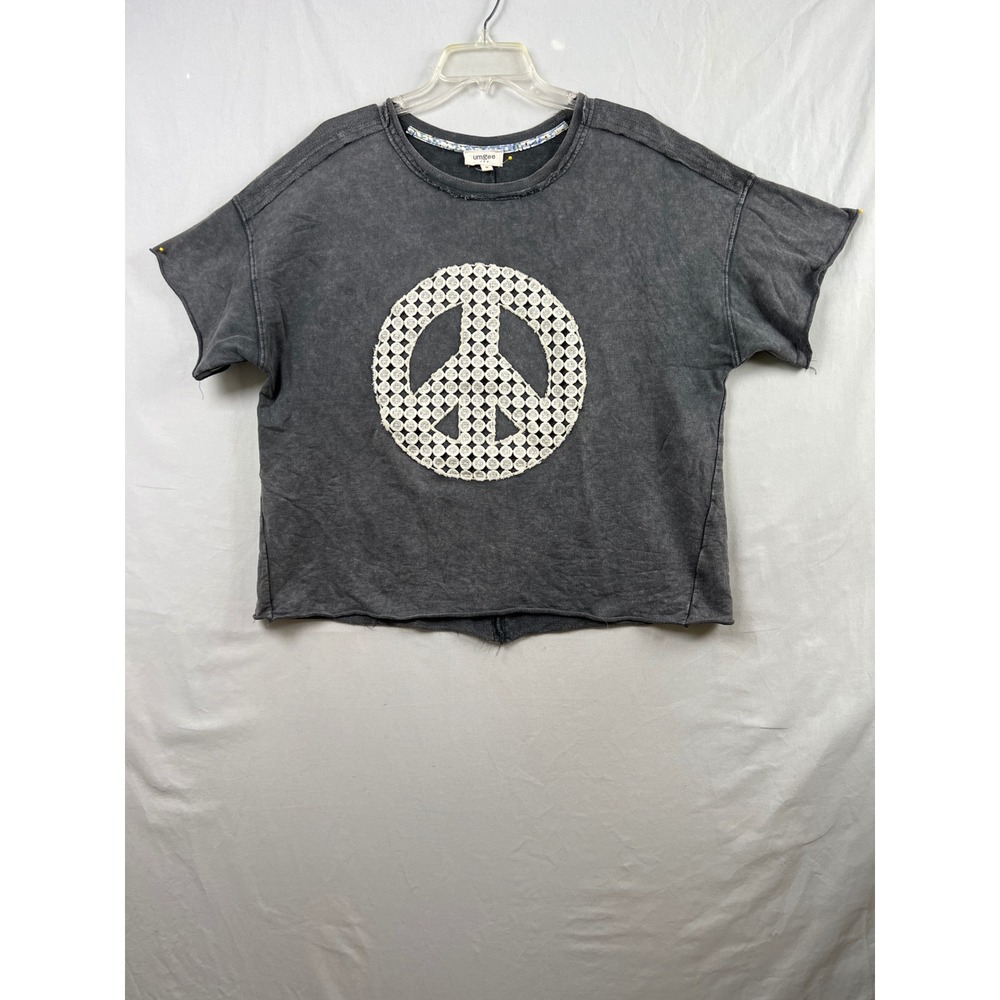 Umgee Peace Sign Top Women Medium Gray Mineral Wash Crochet Lace Retro Boho